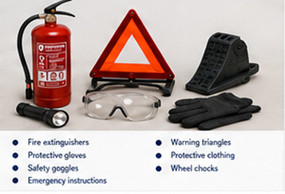 ADR transport truck safety equipment including fire extinguishers and emergency gear