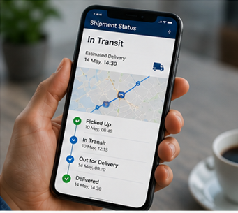 Customer using smartphone delivery tracking application with live shipment updates and notifications