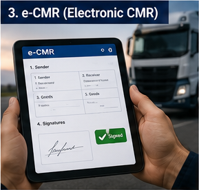 Driver using digital e-CMR document on tablet during logistics transport