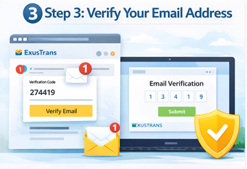 Verify email address on ExusTrans using numeric confirmation code during customer registration