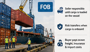 Cargo containers loaded onto a cargo ship under FOB shipping terms