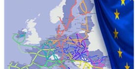 Trans-European Transport Network (TEN-T) on the map and the flag of Europe