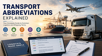 Transport manager reviewing logistics abbreviations and shipment tracking information in a modern European logistics office