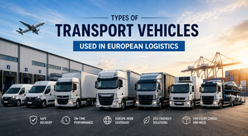 Different transport vehicles used in European logistics including delivery vans trucks semi trailers and refrigerated transport vehicles
