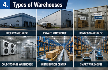 Different warehouse types including public private bonded and distribution warehouses