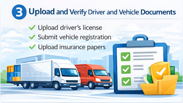 Transport company uploading driver license and vehicle documents in PDF format for verification on ExusTrans platform